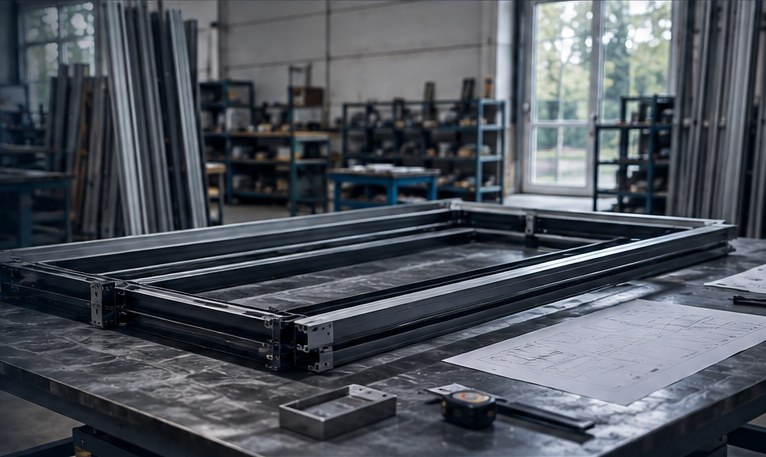 Aluminum frame assembly on a workshop table