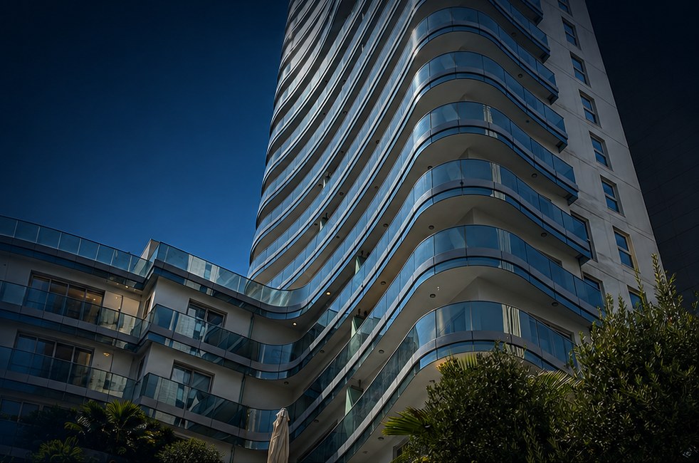 Curved glazed residential tower with aluminum balconies